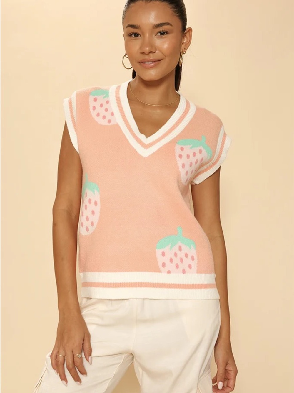 Miss Sparkling Sleeveless Strawberry Knit Sweater Vest
